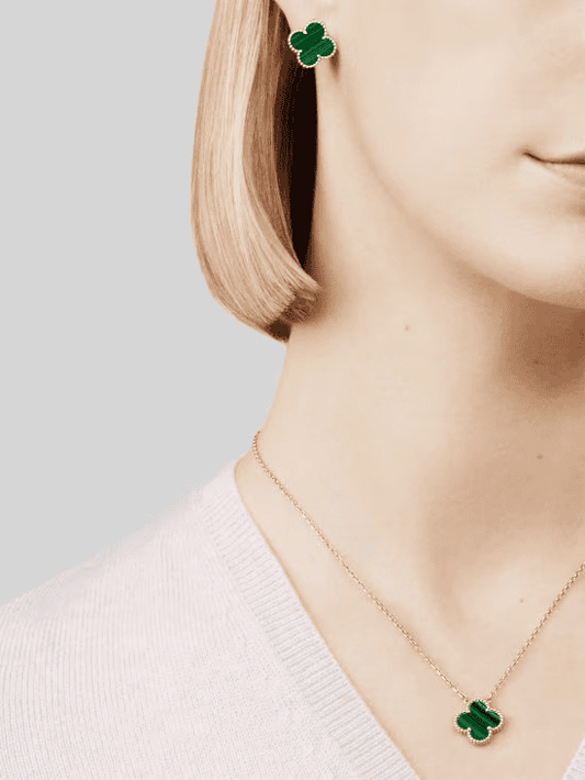 Pendientes De Botón Vintage Alhambra, Color Oro Amarillo, Malaquita🍀