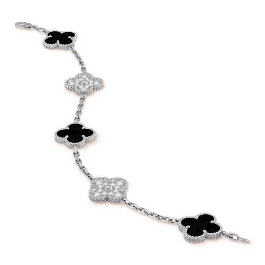 Brazalete Vintage Alhambra, Color Plata, Ónice, Diamante, 5 Motivos 🍀💎