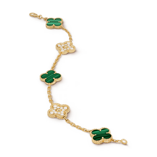 Brazalete Vintage Alhambra, Color Oro Amarillo, Malaquita, Diamante, 5 Motivos 🍀💎