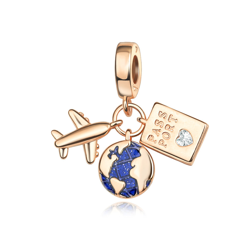 Charm Colgante Avión, Globo Terráqueo Y Pasaporte