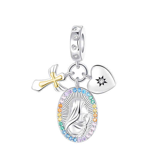 Charm Colgante Triple Virgen, Cruz Y Corazón