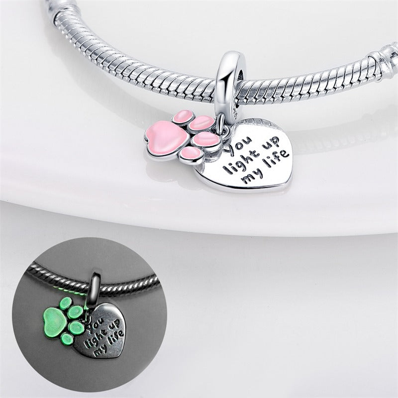 Charm Colgante De Huella De Perro Con Frase "You Light Up My Life" / Glow In The Dark