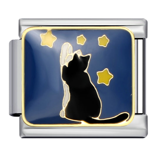 Charm Para Brazalete Italiano Gato Y Estrellas