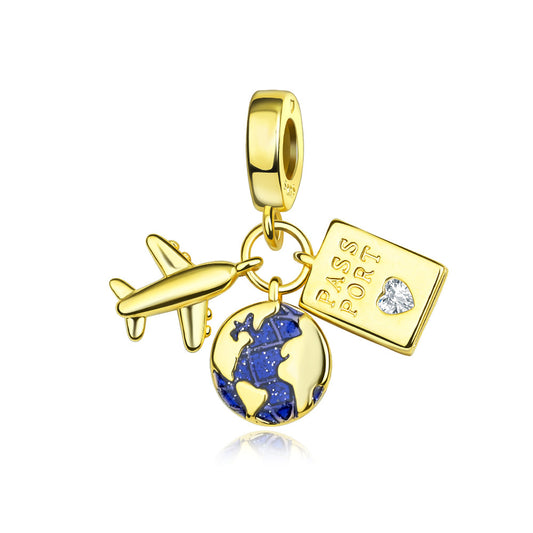 Charm Colgante Avión, Globo Terráqueo Y Pasaporte