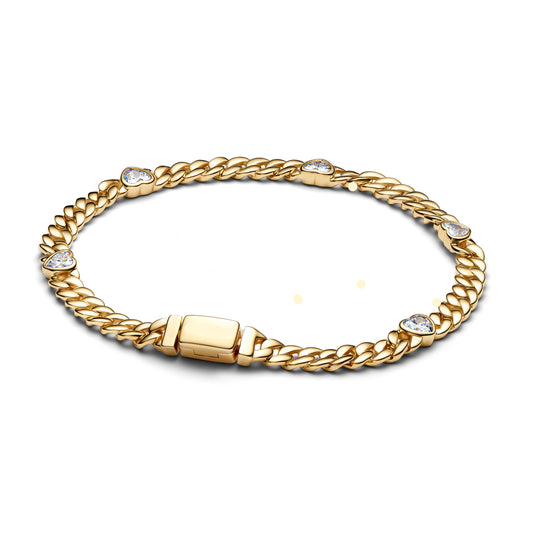 Brazalete De Eslabones Dos Conectores Dorado Con Corazones Brillantes