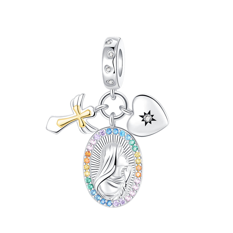 Charm Colgante Triple Virgen, Cruz Y Corazón