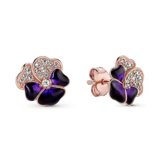 Pendientes De Botón Flor Violeta / Azul Marino