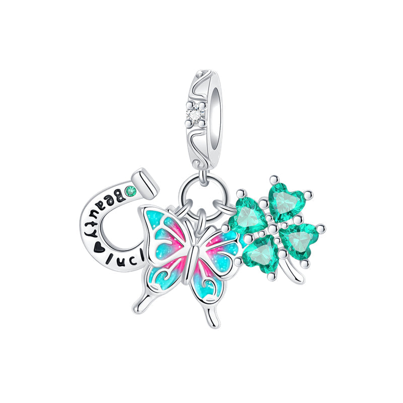Charm Colgante Triple Trébol De Cuatro Hojas, Herradura Y Mariposa