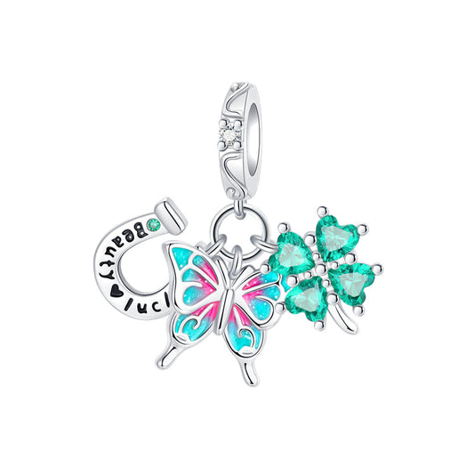 Charm Colgante Triple Trébol De Cuatro Hojas, Herradura Y Mariposa