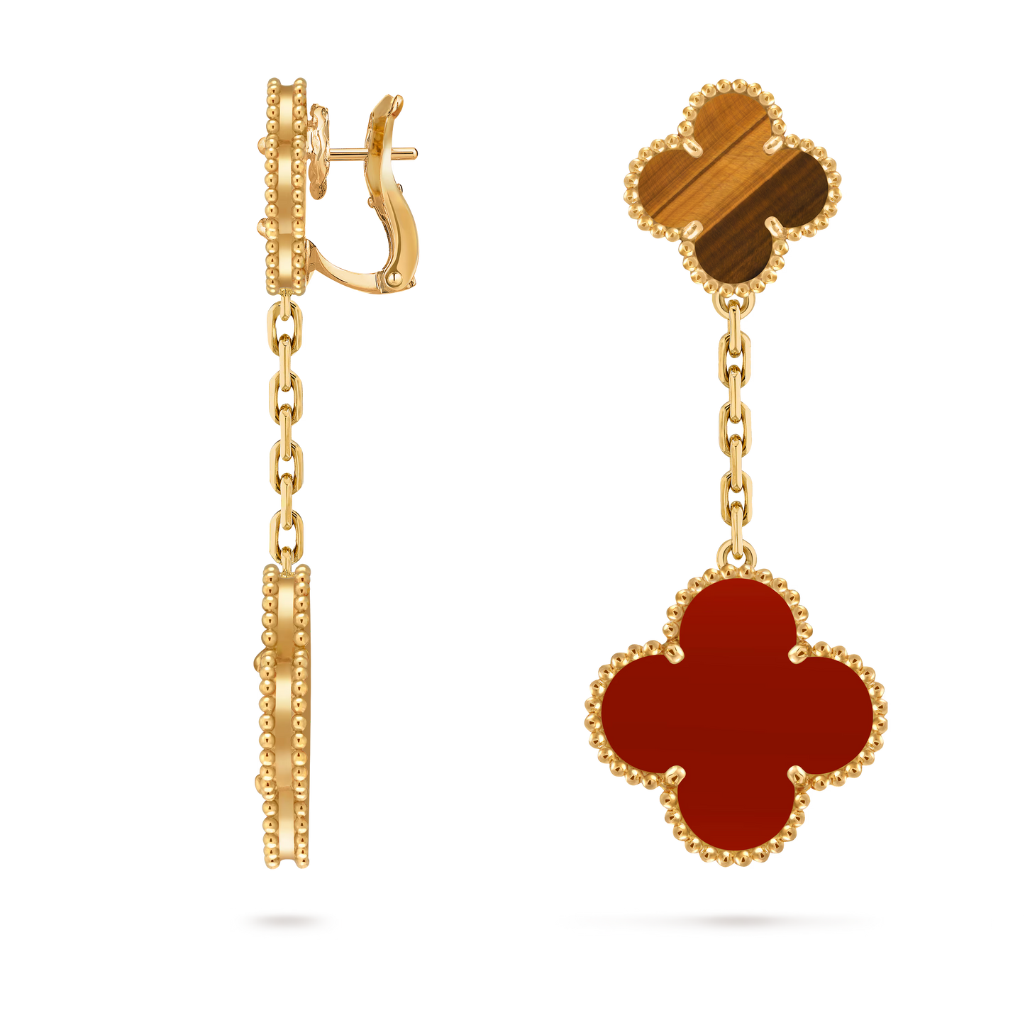 Pendientes De Botón Alhambra Oro Amarillo, Ojo De Tigre Cornalina, 2 Motivos