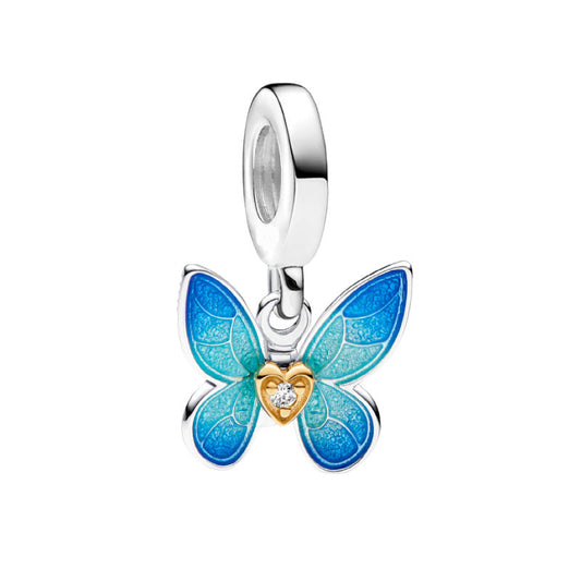Charm Colgante Mariposa Azul Con Corazón Dorado