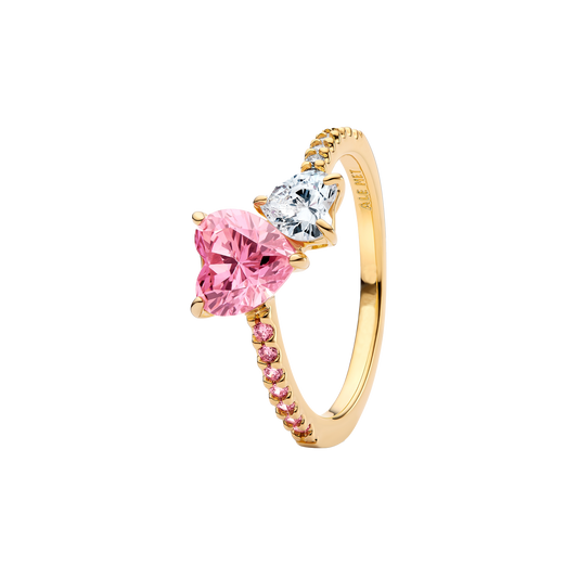 Anillo Tú y Yo Corazón Rosa
