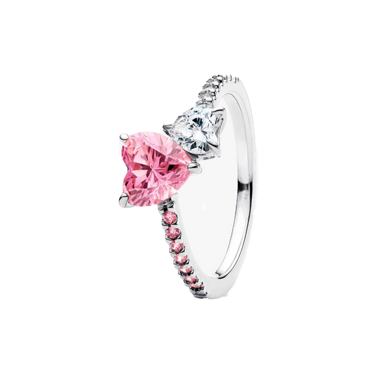 Anillo Tú y Yo Corazón Rosa