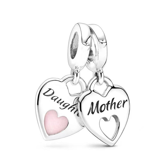 Charm Colgante De Doble Corazón Mamá E Hija Plata / Oro