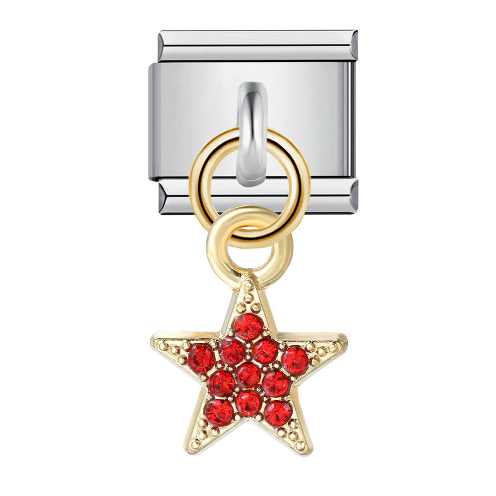 Charm Colgante Para Brazalete Italiano Estrella Dorada Diamantes Rojos