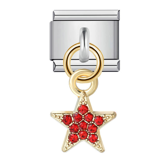 Charm Colgante Para Brazalete Italiano Estrella Dorada Diamantes Rojos