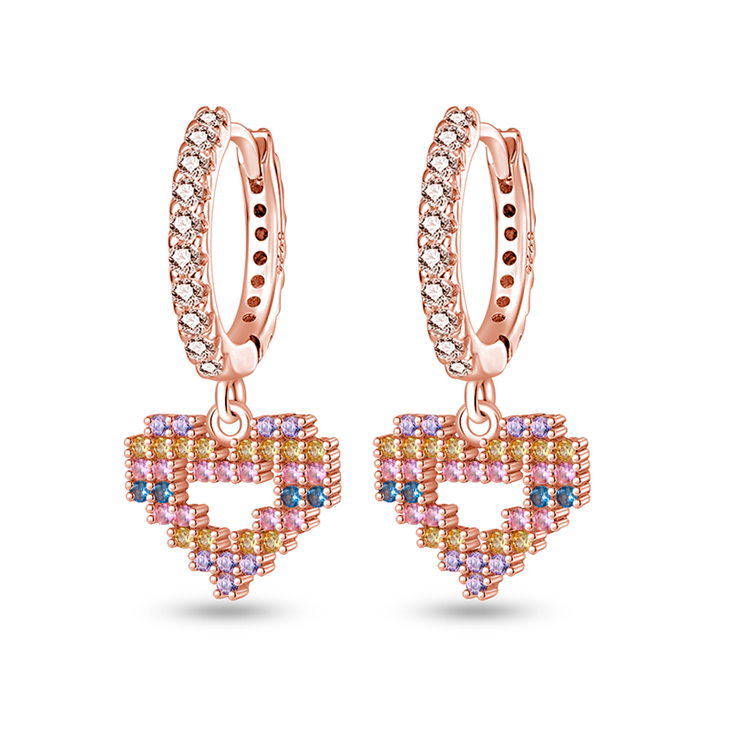 Pendientes De Aro De Corazón PixelArt Plata / Oro Rosa