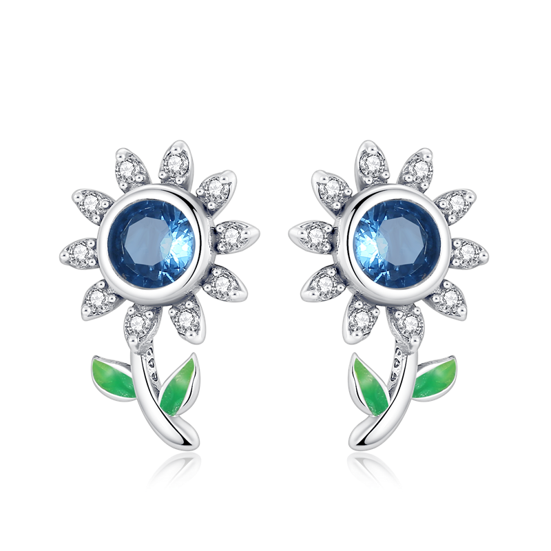 Pendientes De Botón Flor Azul